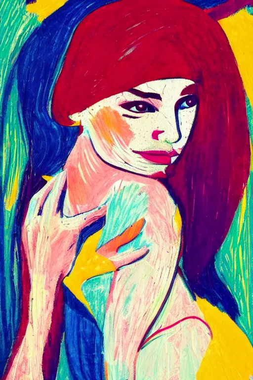 Prompt: girl portrait, abstract, rich details, moder composition, coarse texture, concept art, visible strokes, colorful, Kirchner, Gaughan, Caulfield, Aoshima, Earle