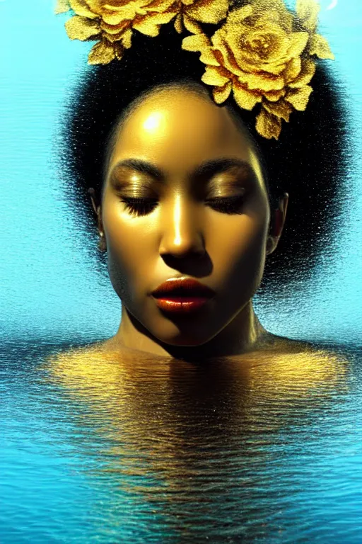 Prompt: hyperrealistic neo - classical cinematic very expressive! black oshun goddess, open eyes, body in water, mirror dripping droplet!, gold flowers, highly detailed face, digital art masterpiece, smooth eric zener cam de leon dramatic pearlescent teal light, ground angle uhd 8 k, sharp focus