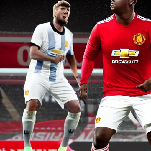 Prompt: morbidly obese men playing for man united, photorealistic, 4 k, dramatic, sharp focus