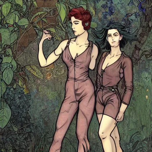 Image similar to short - haired tattooed heroic stoic handsome muscular blonde butch tomboy woman engineer in jumpsuit standing beside dark fae feathered modest gothic jennifer connelly, standing together in a beautiful lush garden at night, in love, highly detailed, trending on art station, mucha