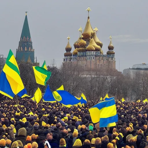 Image similar to A photo of Kremlin captured by Ukrainians with Ukrainian flags on top