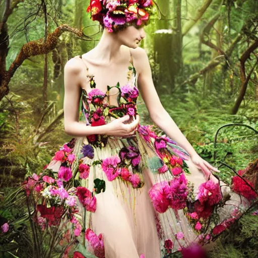 Prompt: beautiful model wearing valentino 2 0 1 4 cyber floral patterned layered dress fashion outfit, jeweled headpiece mystical crown, bright ruins environment background overgrown with flowers