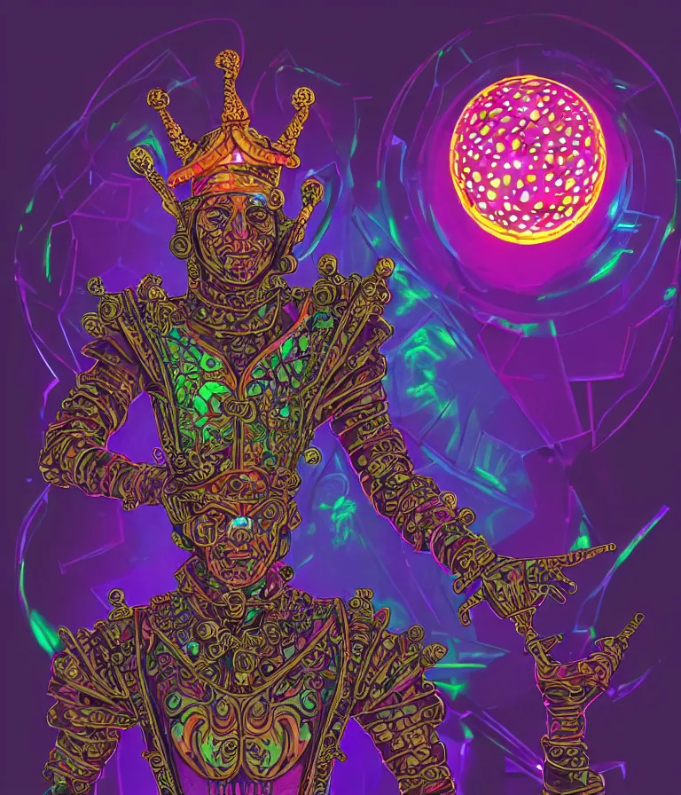 Image similar to front!!! shot of a court jester!!! character, hyperdimensional, (bioluminescent) hypercubes, dark holography!!!, ((sunset)) ((psychedelic)), chrome, mechanical, (((intricate))), elegant, highly detailed, centered, (((artstation, concept art, smooth, sharp focus, artgerm, Tomasz Alen Kopera, Peter Mohrbacher, donato giancola, Joseph Christian Leyendecker, WLOP, Boris Vallejo))), mugshot!!!!!, ugly!!!!!!, octane render, nvidia raytracing demo, octane render, nvidia raytracing demo, octane render, nvidia raytracing demo, grainy, muted, 8K, digitalblasphemy, metatron