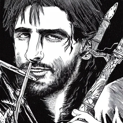 Image similar to pen and ink!!!! attractive 22 year old deus ex Frank Zappa x Ryan Gosling golden!!!! Vagabond!!!! magic swordsman!!!! glides through a beautiful battlefield magic the gathering dramatic esoteric!!!!!! pen and ink!!!!! illustrated in high detail!!!!!!!! by Hiroya Oku!!!!!!!!! Written by Wes Anderson graphic novel published on shonen jump MTG!!! 2049 award winning!!!! full body portrait!!!!! action exposition manga panel