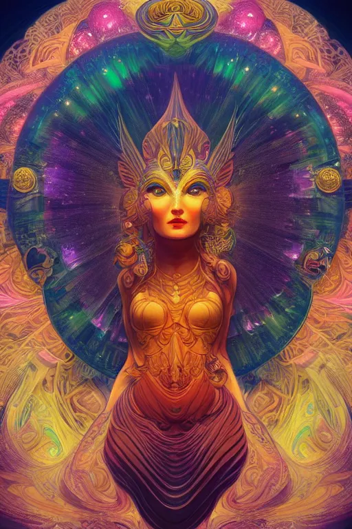 Prompt: goddess of space and dreams, psychedelic, mandala, coherent design, symmetrical, face by artgerm, trending on artstation, vivid color, complementary color, golden ratio, detailed, sharp lines, sharp focus, intricate, rainbowshift, peter mohrbacher, gustave dore, maxfield parrish, alphonse mucha, deviantart, octane render