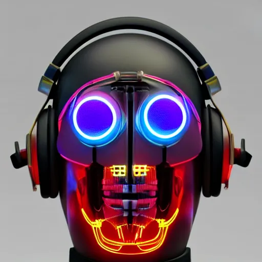 Image similar to a glossy claymodel of a dieselpunk aztec futurism robot head with glowing headphones, 8 k, symetrical, flourescent colors, halluzinogenic, multicolored, very detailed, black background, 3 d render,