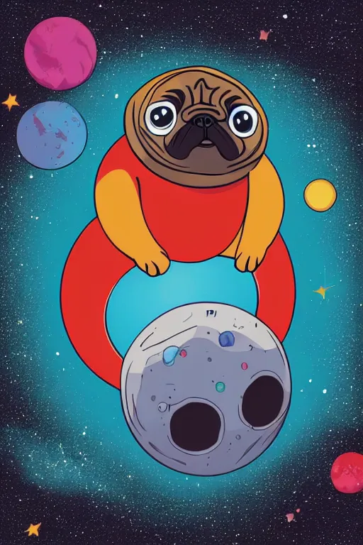 Image similar to planet pug floating in space, art by iktor miller gausa, sticker, colorful, illustration, highly detailed, simple, smooth and clean vector curves, no jagged lines, vector art, smooth