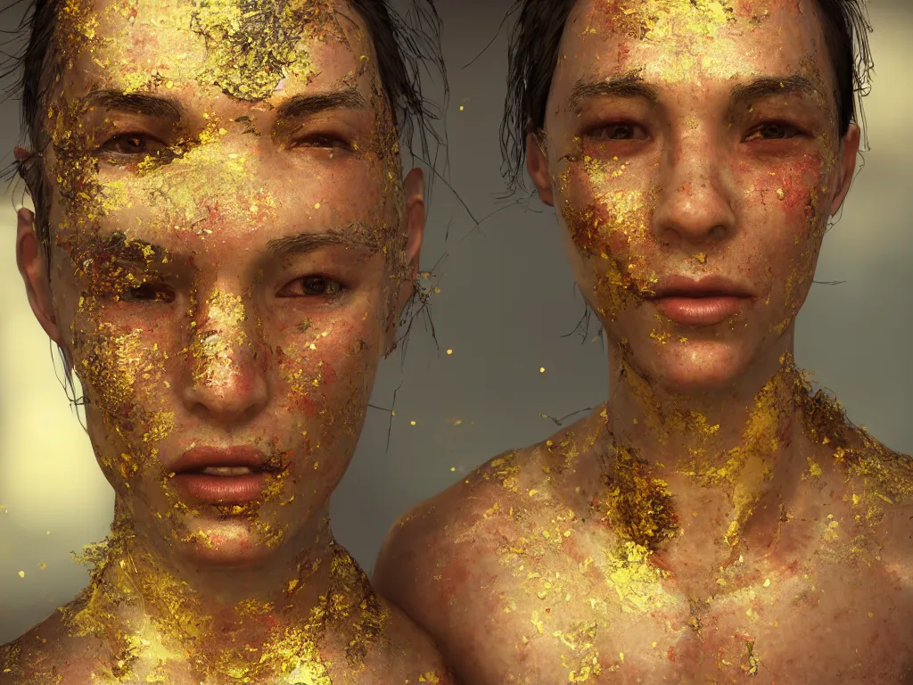 Image similar to a beautiful hyperrealistic rendering portrait of a human being with kintsugi reparied pottery cracks of gold on their face, rendering, cryengine, deep colors, deep lush vivid colors, vray render, cgsociety