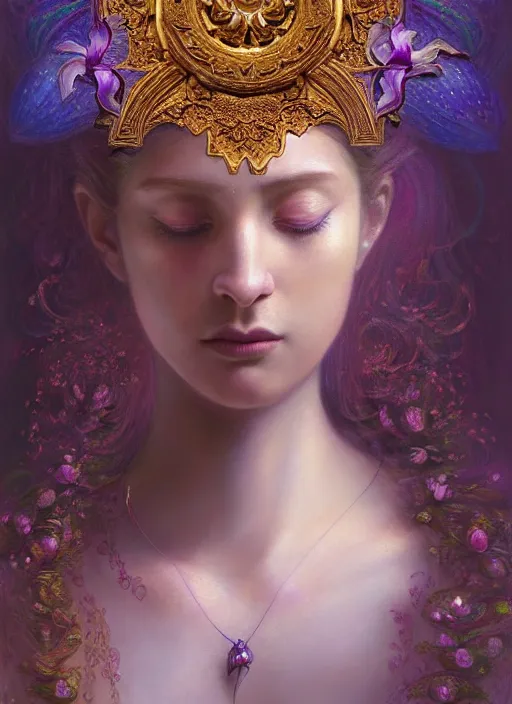 Prompt: portrait of the young goddess of iridescent orchids, unusually unique beauty, flowers and plants and vegetables, emotionally evoking symbolic metaphors, head in focus, fantasy, heavily gothic ornamental, intricate, elegant, sensual, highly detailed digital painting, artstation, concept art, painterly, golden ratio, sharp focus, illustration, art by greg rutkowski and alphonse mucha,