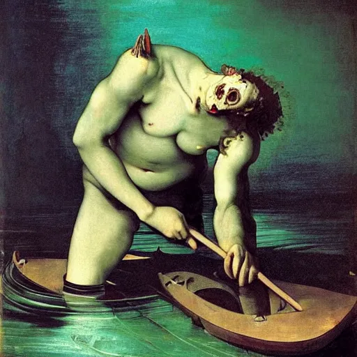 Image similar to painting by caravaggio of a drowned zombie, floating underwater, holding a trident with glowing cyan eyes, wearing ragged clothing, holding a trident, underwater, pastel green and blue color palette