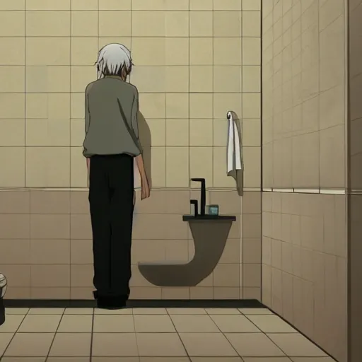 Image similar to bathroom, an old man falls on the floor,anime scenery by Makoto shinkai