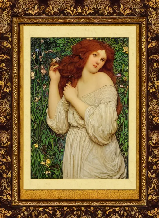 Prompt: masterpiece beautiful seductive flowing curves preraphaelite face portrait photography, extreme close up shot, straight bangs, thick set features, yellow ochre ornate medieval dress, laying amongst foliage mushroom forest circle arch, frederic leighton and kilian eng and rosetti and preraphaelites, william morris, framed, 4 k