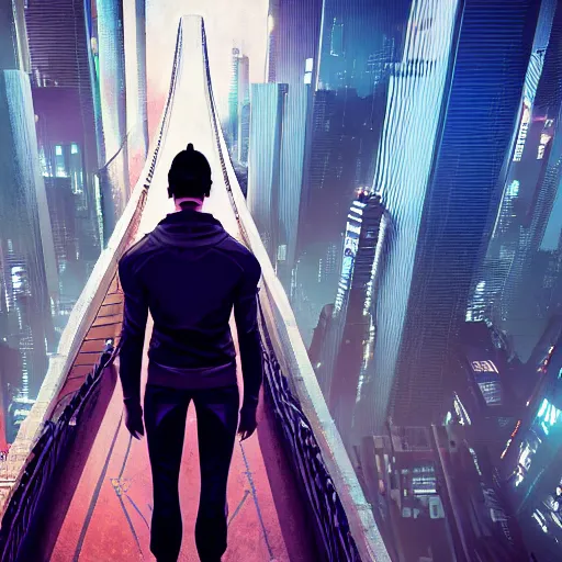 Image similar to a man standing on top of a bridge over a city, cyberpunk art by vincent lefevre, behance contest winner, altermodern, cityscape, synthwave, matte painting