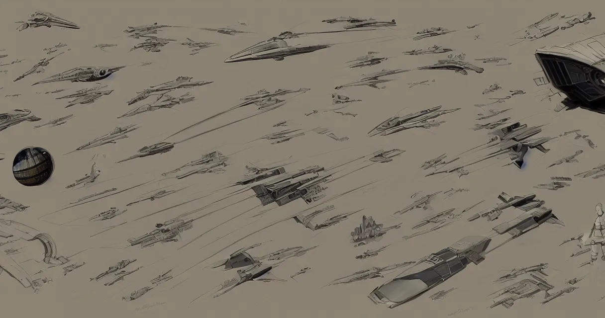 Prompt: concept sketches for a retro science-fiction space fighter Ralph McQuarrie and ilm