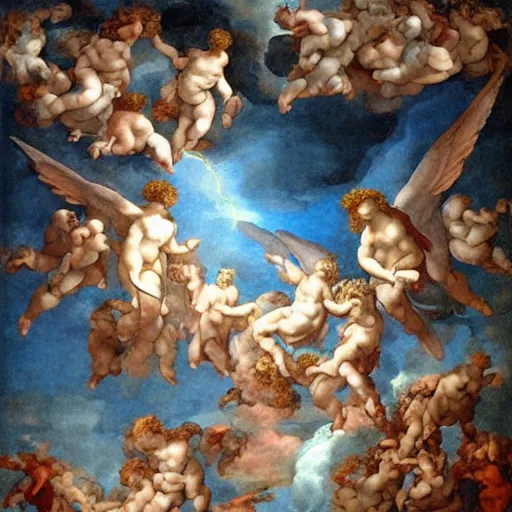 Prompt: Beautiful realistic painting of a cloudy sky with angels, electric storm, monotonous, volumetric light, ultradetailed, surrealism by Michelangelo