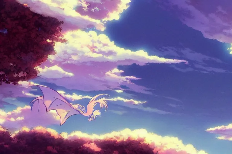 Prompt: painting of a dreamy cloudscape!, a flying dragon!!! in the foreground, exterior wide shot, otherworldly and ethereal by kazuo oga in the anime film by studio ghibli, screenshot from the anime film by makoto shinkai