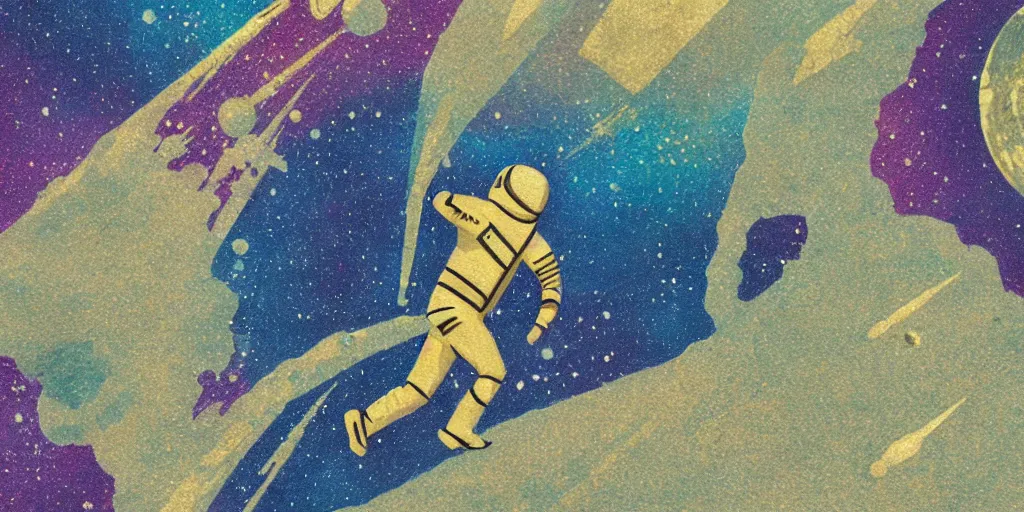 Prompt: insane _ detail _ textured _ art _ deco _ painting _ of _ astronaut _ running _ on _ surface _ of _ tiny _ planet _ full _ body _ flying _ from _ bottom _ left _ to _ top _ right _ muted _ greens _ and _ browns _ geometric _ gold _ and _ deep _ purple _ vaporwave