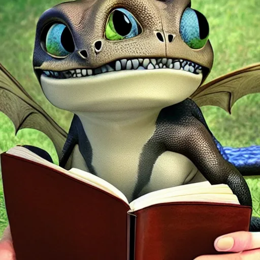 Prompt: cute dragon reading a book in the style of how to train your dragon