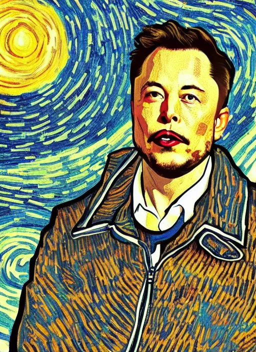 Prompt: self potrait of elon musk in van gogh style