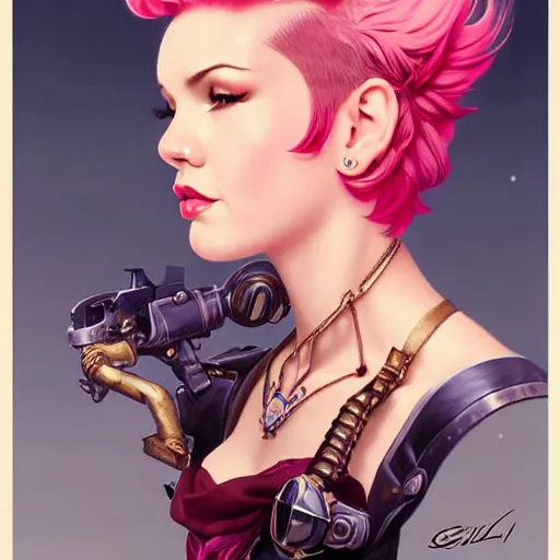 Image similar to head and shoulders portrait of VI of League of Legends, pink short hair, sidecut hairstyle, steampunk acessoires, illustration, medium shot, intricate, elegant, highly detailed, digital art, sharp lines, ffffound, art by gil elvgren and sachin teng