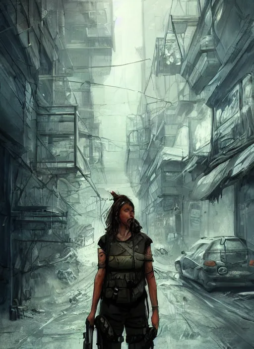 Image similar to portrait of a survivalist woman in a post apocalyptic city at dawn, beautiful intricate digital concept art trending on artstation, soft light