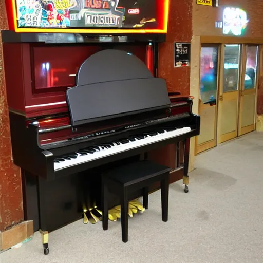 Prompt: piano in an arcade corner