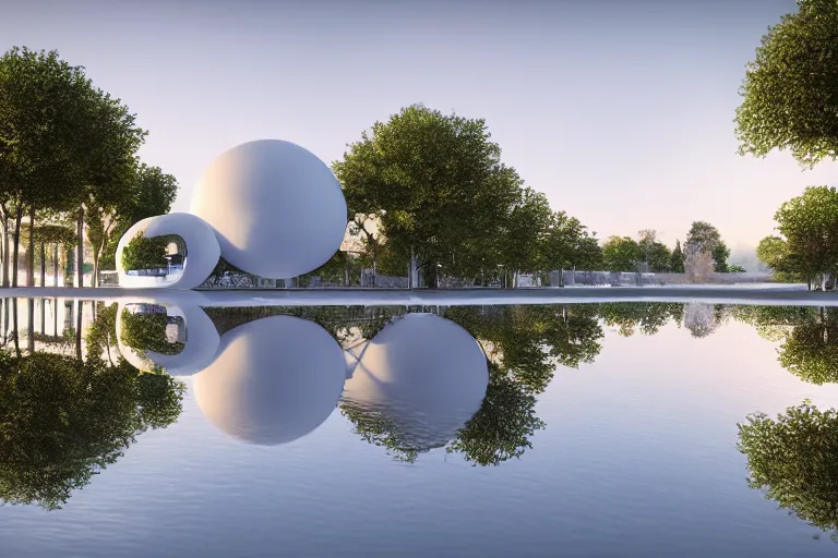 Image similar to many white round spherical buildings, it depends on each other to form a modern science fiction building ， by pierre bernard, on the calm lake, people's perspective, future, interior wood, dusk, unreal engine highly rendered, global illumination, radial light, internal environment