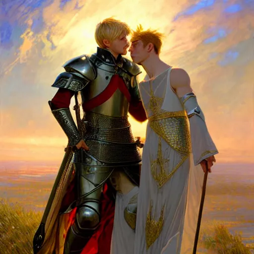 Image similar to attractive arthur pendragon and his favourite attractive male knight, they are in love, camelot, natural lighting, path traced, highly detailed, high quality, digital painting, by gaston bussiere and ross tran and j. c. leyendecker and alphonse mucha