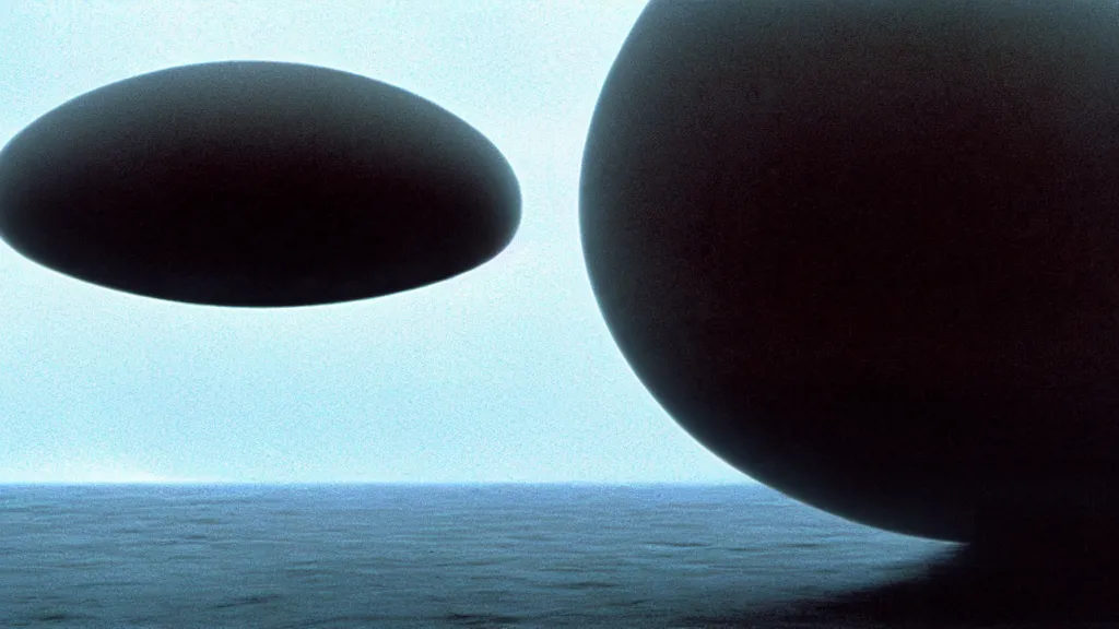 Prompt: a giant white spherical spaceship descends upon a cloudy beach off the cliffs of Dover, film still from the movie directed by Denis Villeneuve with art direction by Zdzisław Beksiński, wide lens