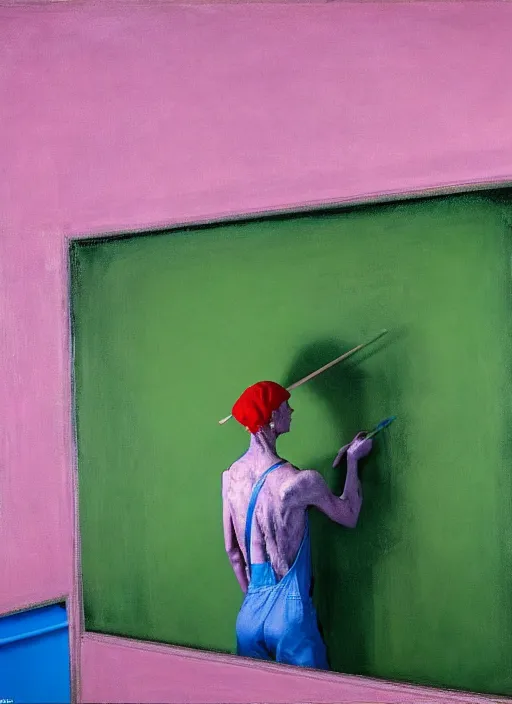 Image similar to a skinny, starving artist wearing overalls, painting the walls inside a chernobyl sarcophagus, hauntingly surreal, highly detailed painting by francis bacon, edward hopper, adrian ghenie, gerhard richter, and james jean, soft light 4 k in pink, green and blue colour palette