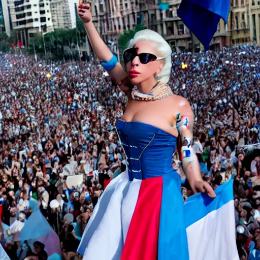 Prompt: Lady Gaga as Evita, Argentina presidential rally, Argentine flags behind, bokeh, epic photo, detailed, Argentina