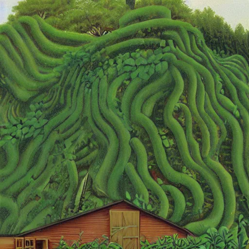 Image similar to kudzu vines wrapping around an old farmhouse, American west, surrealism