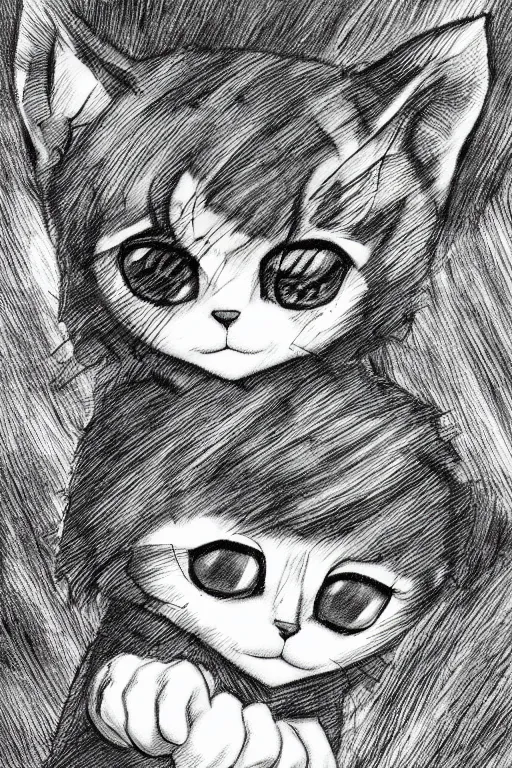 Prompt: Baby Kitten, highly detailed, black and white, manga, art by Kentaro Miura