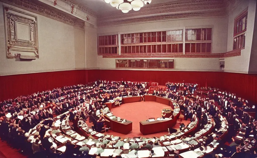 Image similar to 60s movie still of a CCCP congress in a stalinist style parlement, by Irving Penn , cinestill 800t 35mm eastmancolor, heavy grainy picture, very detailed, high quality, 4k, HD criterion