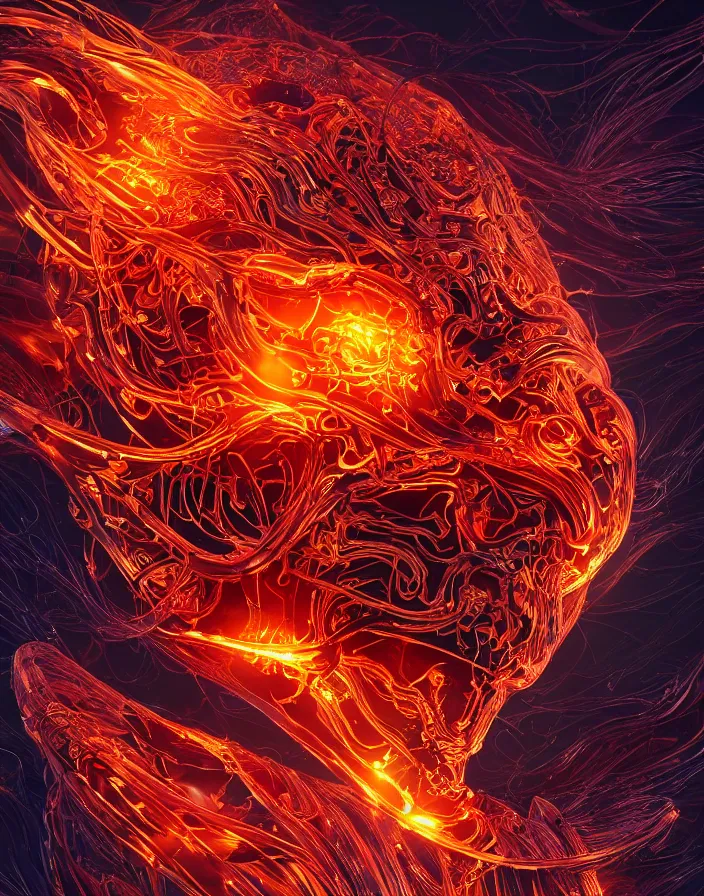 Image similar to demon portrait. burning water distortions. intricate abstract ornament. jellyfish phoenix head. intricate artwork. by Tooth Wu, wlop, beeple, dan mumford. octane render, trending on artstation, greg rutkowski very coherent symmetrical artwork. cinematic, hyper realism, high detail, octane render, 8k, depth of field, bokeh. iridescent accents