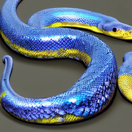 Image similar to shiny blue and yellow python snake, high detail, fantasy art, concept art, 4 k, ultra detail, computer art