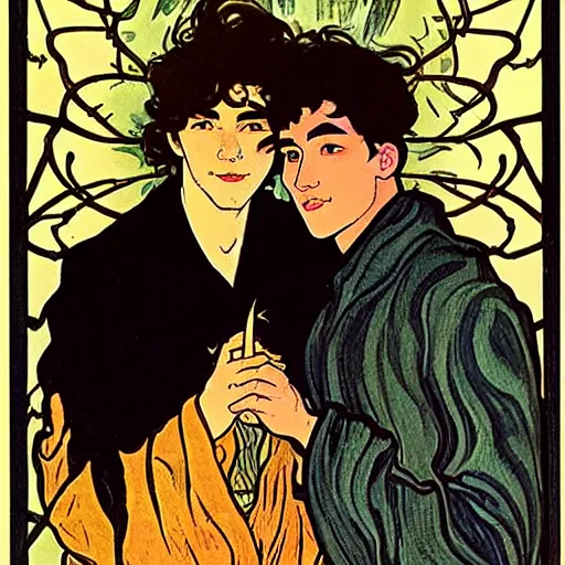 Image similar to tarot card of young cute handsome beautiful dark medium wavy hair man in his 2 0 s named shadow taehyung and cute handsome beautiful min - jun together at the halloween party, bubbling cauldron, candles, smoke, autumn colors, elegant, stylized, soft facial features, delicate facial features, art by alphonse mucha, vincent van gogh, egon schiele