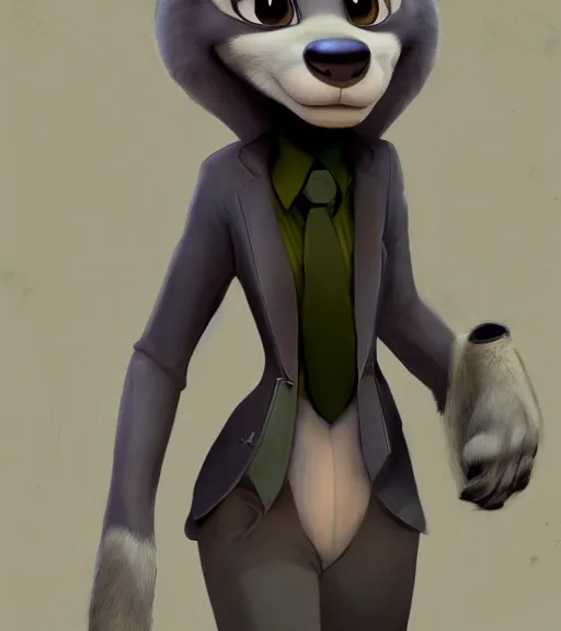 Image similar to oil painting of full body of anthromorphic female wolf, in style of zootopia, zootopia, zootopia, fursona, furry, furaffinity, 4 k, deviantart, furry art, fursona art, wearing black business suit, business suit, in style of zootopia, wolf fursona, cyberpunk, female, expressive detailed feminine face,