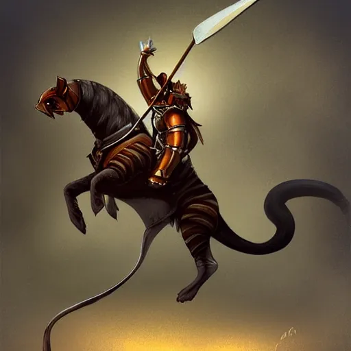 Prompt: a mighty warrior with a spear riding a huge cat, digital painting, concept art
