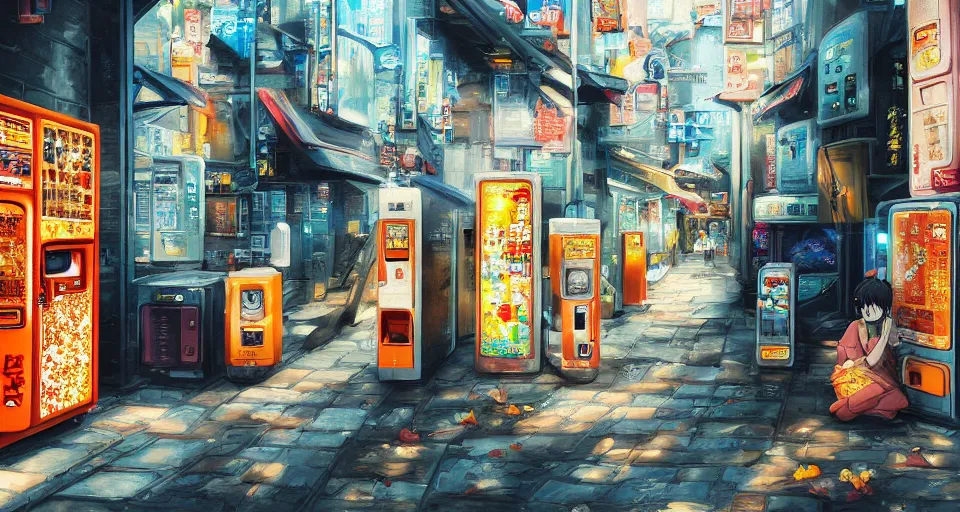 Prompt: beautiful anime painting of tokyo alleyway with vending machine, relaxing autumn day. trending on Artstation, 8k, masterpiece, sharp, fine detail, full of color, visually stunning, peaceful