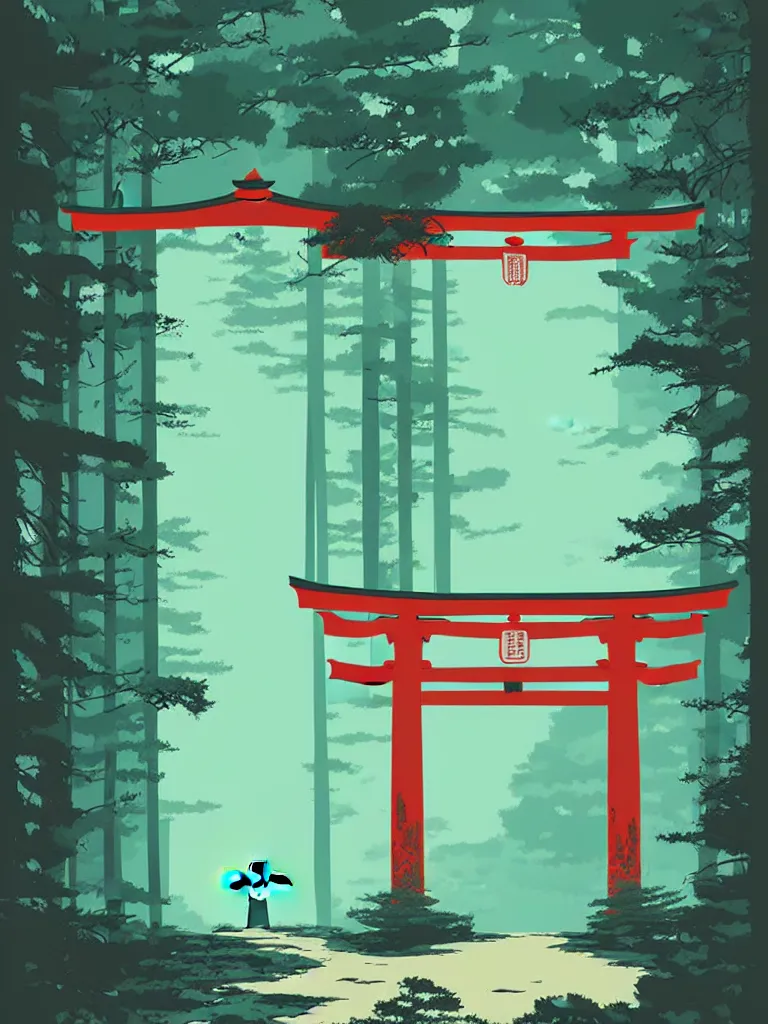 Image similar to a poster depicting a japanese torii gate in a forest, vintage style, detailed illustration, digital painting, vector art, trending on artstration, by anton fadeev, by alena aenami