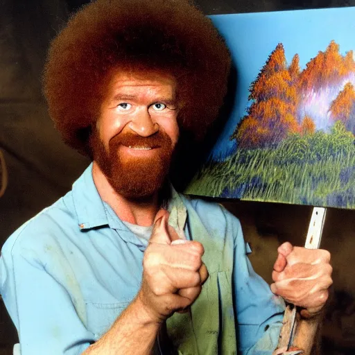 Prompt: bob ross painting a post - apocalyptic scenario