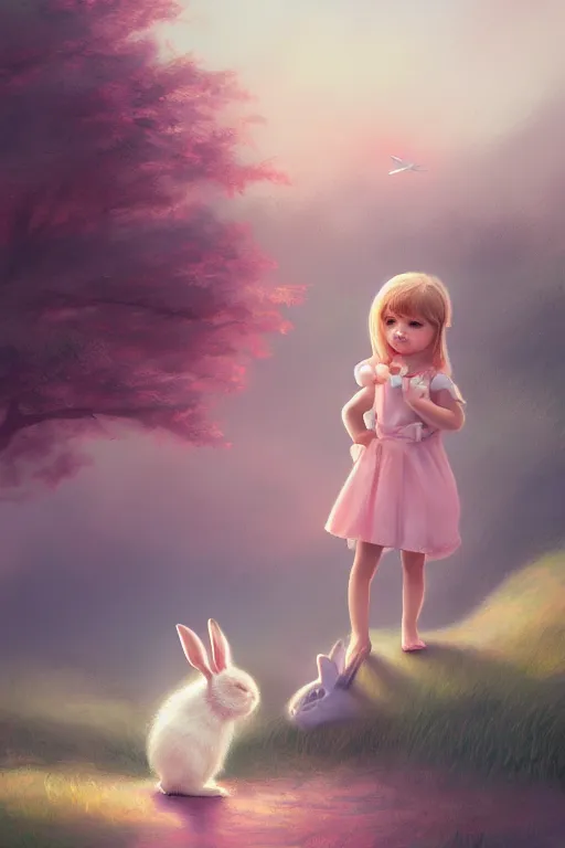 Image similar to matte sharp painting cute little girl and rabbit landscape painted by mark rydel artstation behance storybook style pastel colors