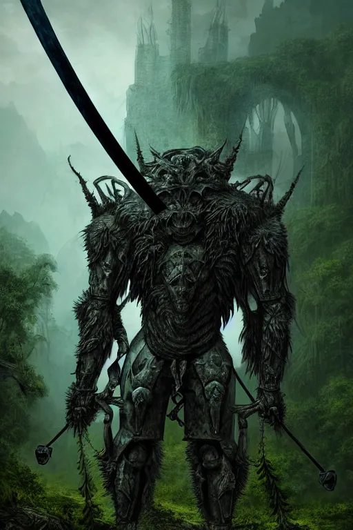 Image similar to post - gothic giant muscular humanoid chimera, exoskeleton armor, holding katana, dystopian ruins covered in vegetation, highly detailed smooth digital art masterpiece, vitaly bulgarov giger dramatic dark teal light, ground angle hd 8 k, sharp focus