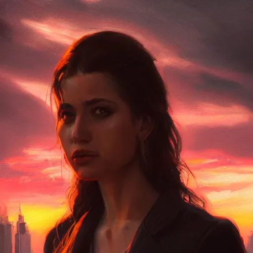 Prompt: closeup portrait of esme augusta bianco, dramatic lighting, city background, sunset, chiaroscuro, complementary contrast high detail, painted by greg rutkowski, painted by igor kieryluk, painted by bobby chiu, trending on artstation