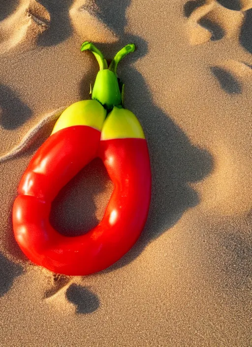 Prompt: a polymorphic jeff goldblum banana tomato raspberry on the sand of a beach