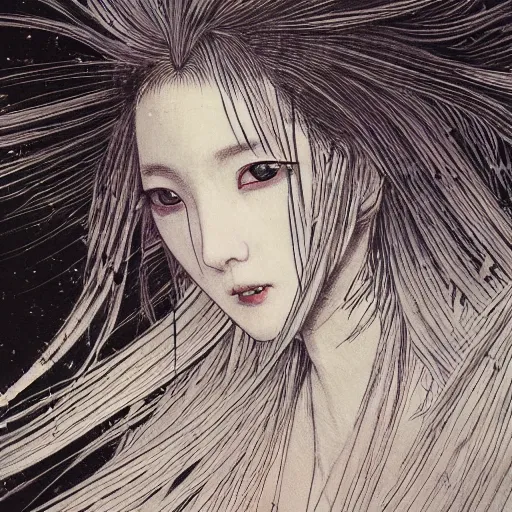 Image similar to yoshitaka amano blurred and dreamy realistic illustration of a japanese woman with black eyes, wavy white hair fluttering in the wind wearing elden ring armor with engraving, abstract patterns in the background, noisy film grain effect, highly detailed, renaissance oil painting, weird portrait angle, blurred lost edges, three quarter view