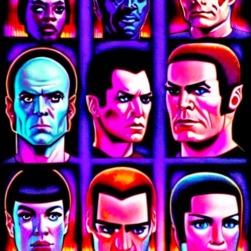 Image similar to Star Trek the next generation crew portrait, cyberpunk, synthwave, highly detailed