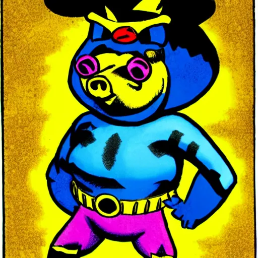 Prompt: comic book drawing of pig wearing a gold crown in the style of jack kirby