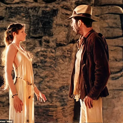 Image similar to a beautiful photo from the film indiana jones and the fate of atlantis, with indiana talking to sophia hapgood, dslr, faces symmetrical